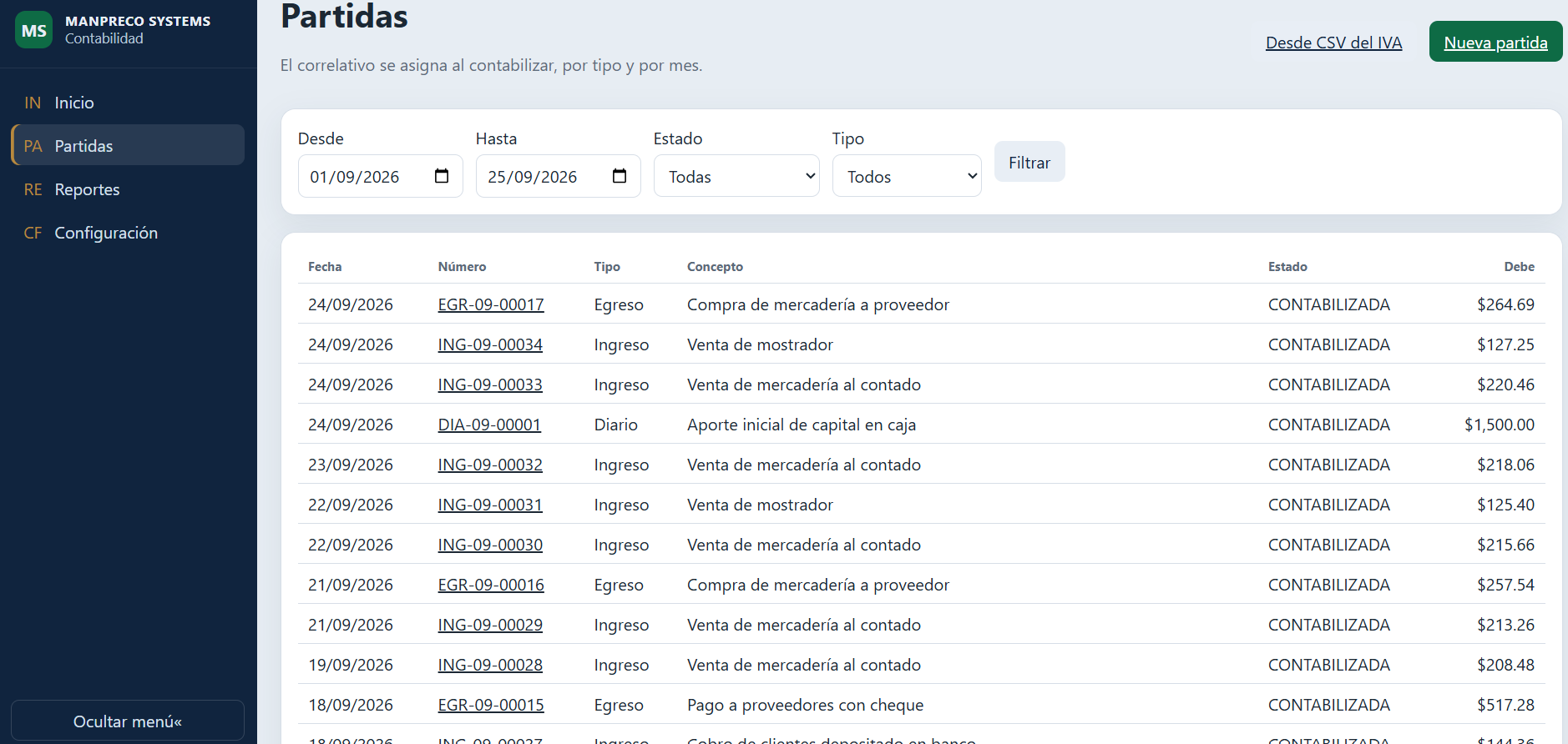 Pantalla de partidas del Sistema Contable MANPRECO