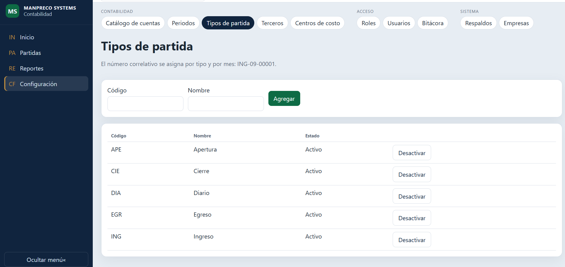 Tipos de partida APE, CIE, DIA, EGR e ING