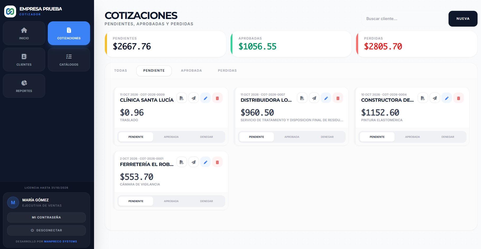 Pantalla del cotizador web